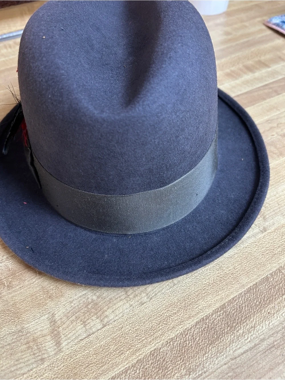 Vintage Men's 100% Wool Fedora Hat with Red Feather Accent Size 7 by Dorfman